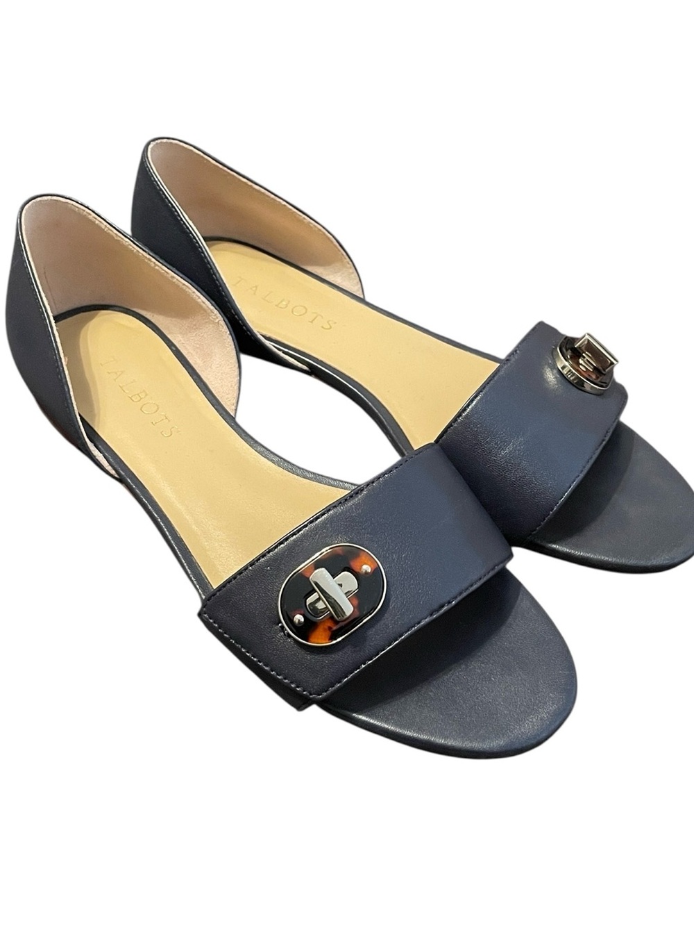 Talbots Women’s Navy Genuine Leather Cheetah Buckle Slip On Flats Size 8M